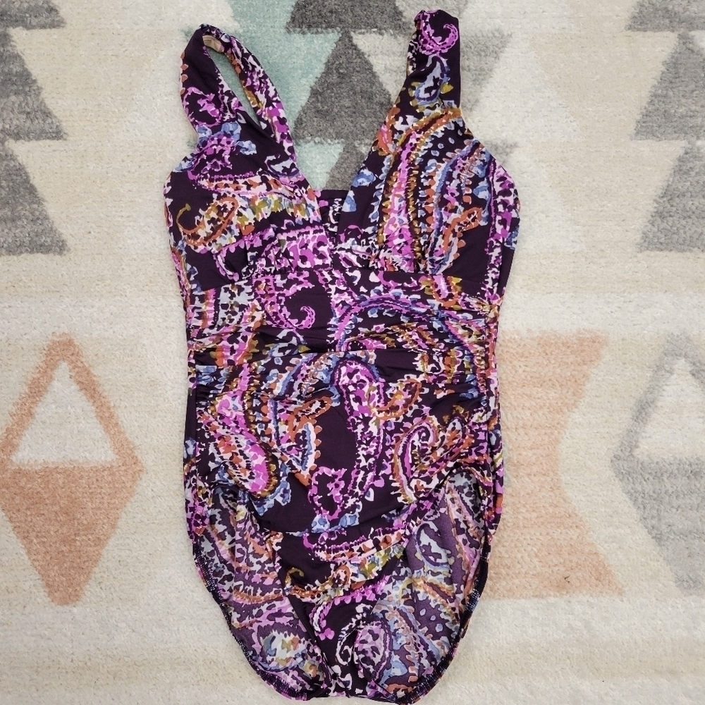Lands’ End Ruched Paisley 1 Piece Slimming Swimsuit Purple 8